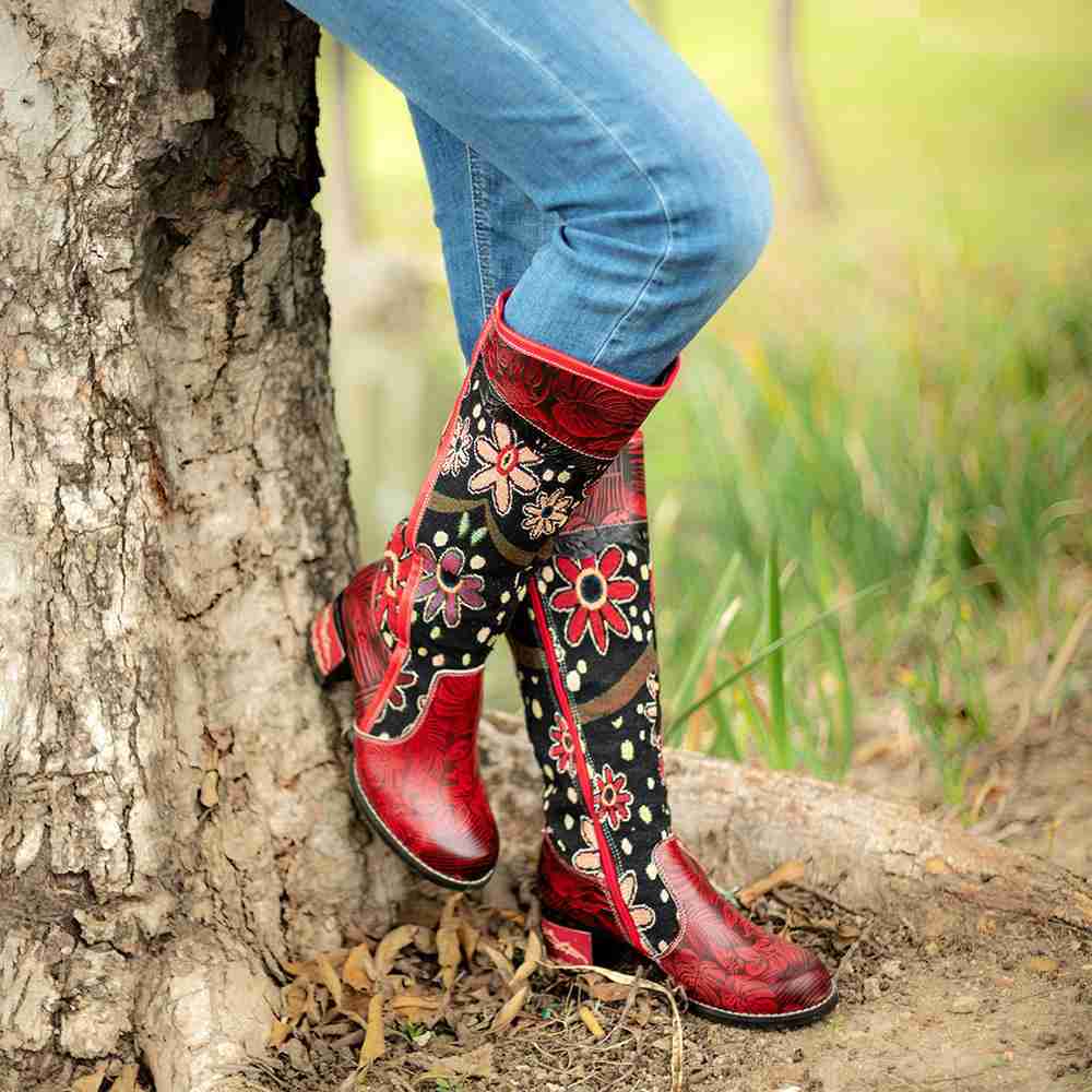 Women's Embroidered Chunky Heel Knee-High Boots