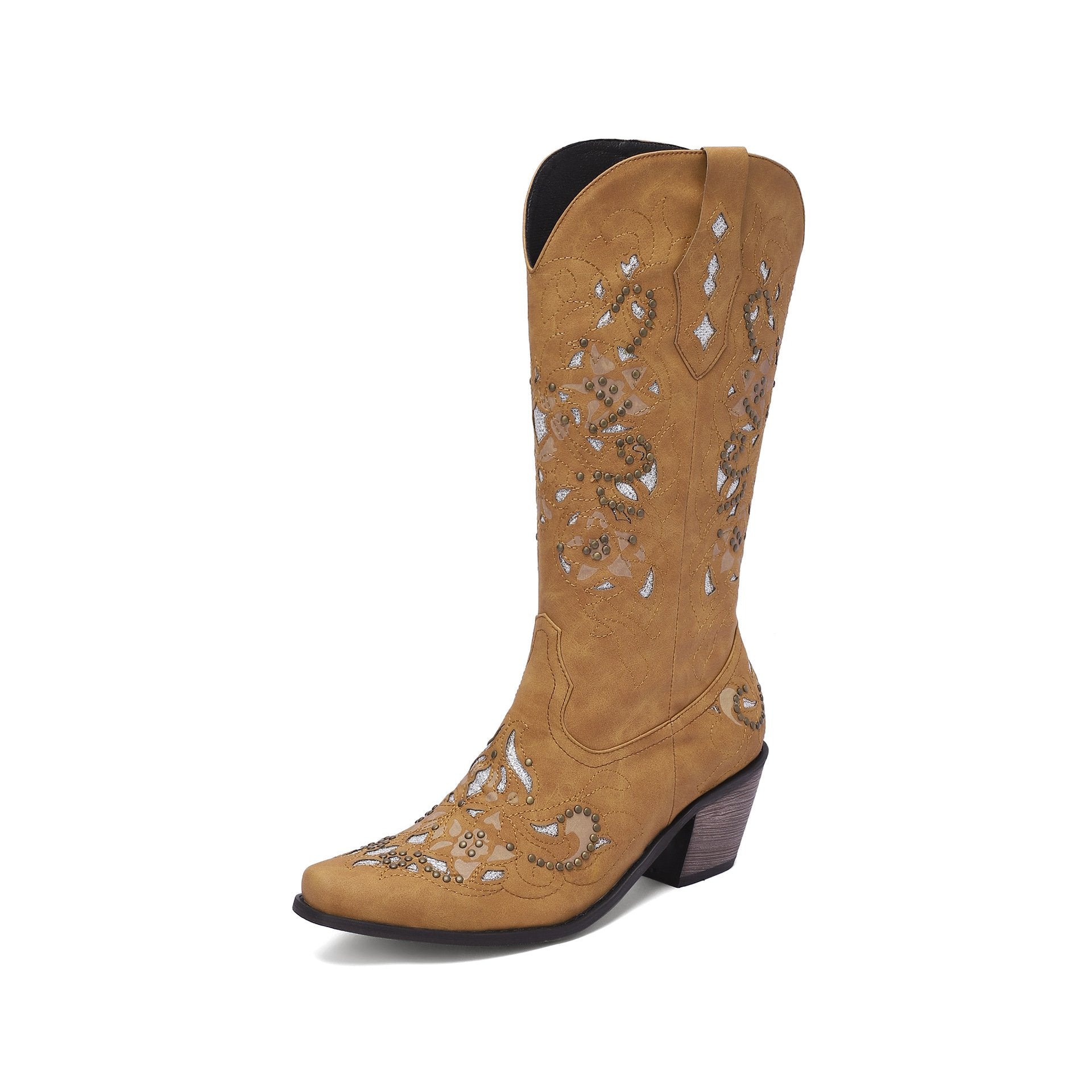 Stylish Women's Chunky Heel Studded Mid Calf Boots