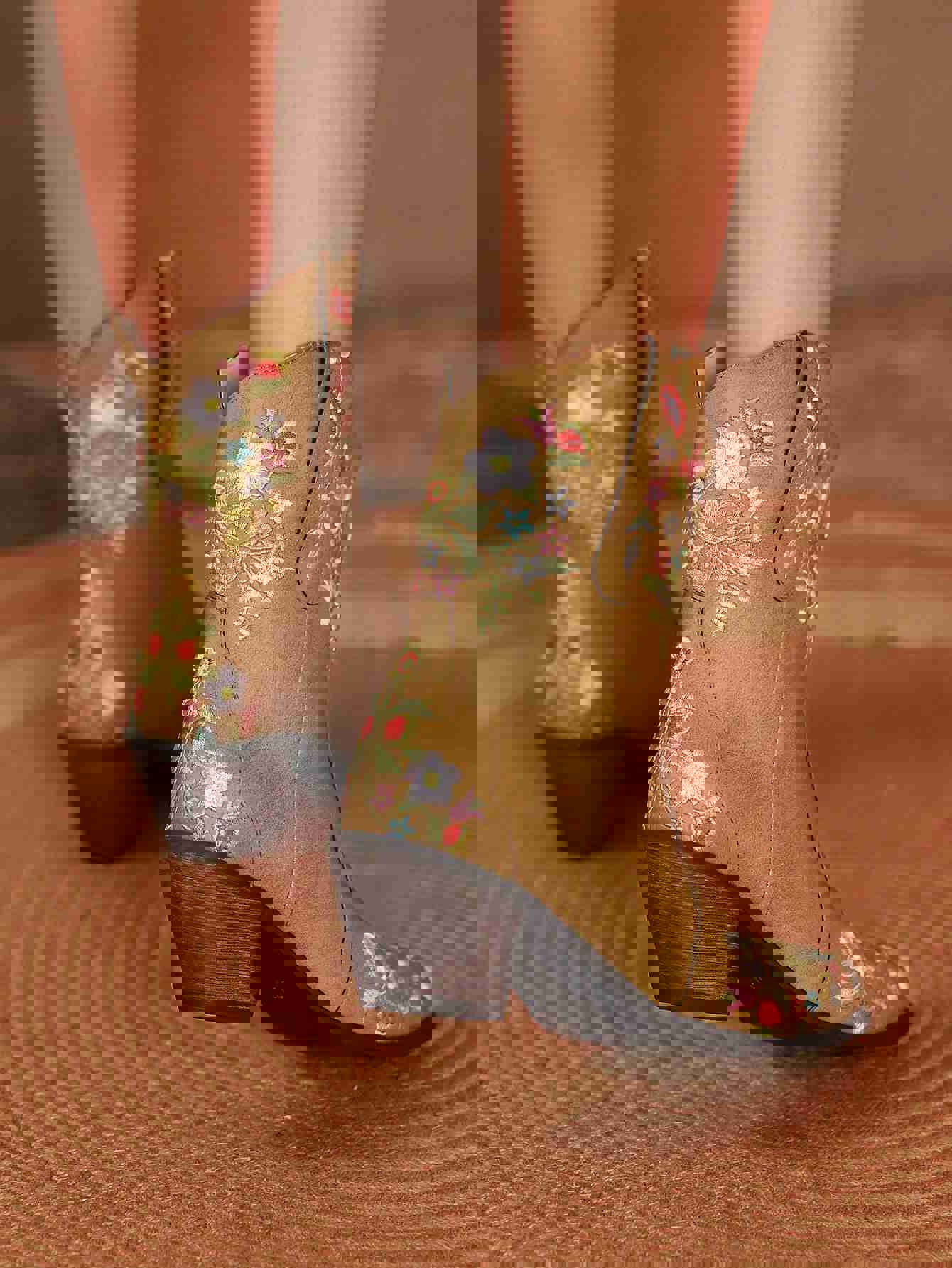 Stylish Women's Brown Embroidered Chunky Heel Boots