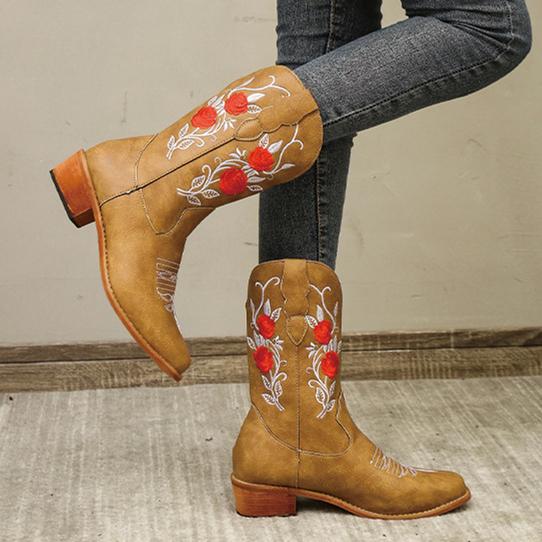 Stylish Women's Embroidered Mid Calf Boots with Chunky Heel