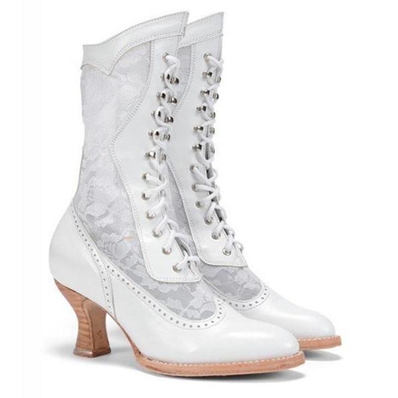 Stylish Women's Mid Calf Lace-Up Chunky Heel Boots