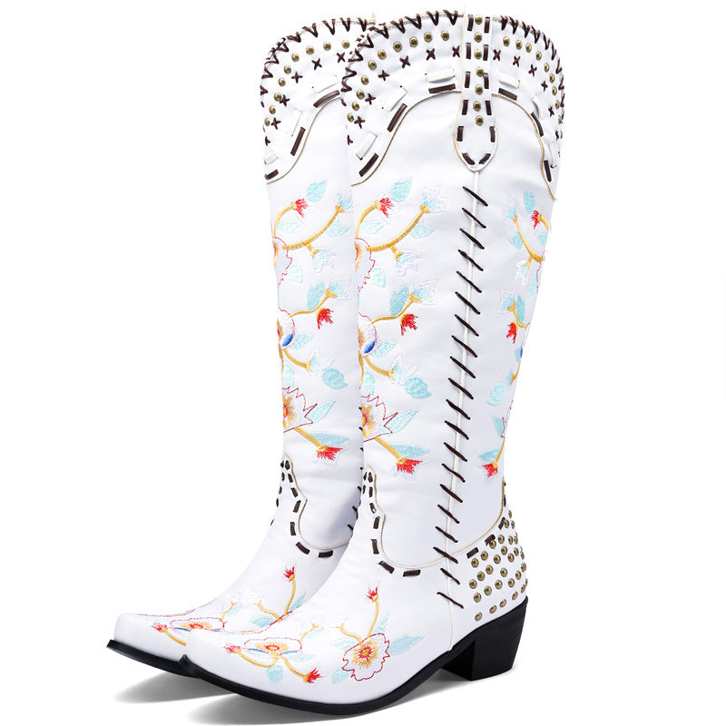 Stylish Women's Embroidered Cowgirl Boots with Chunky Heel