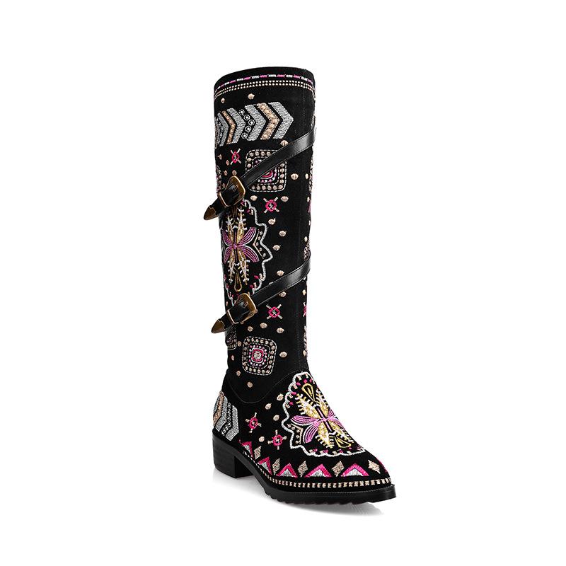 Stylish Women's Embroidered Mid-Calf Boots with Chunky Heel