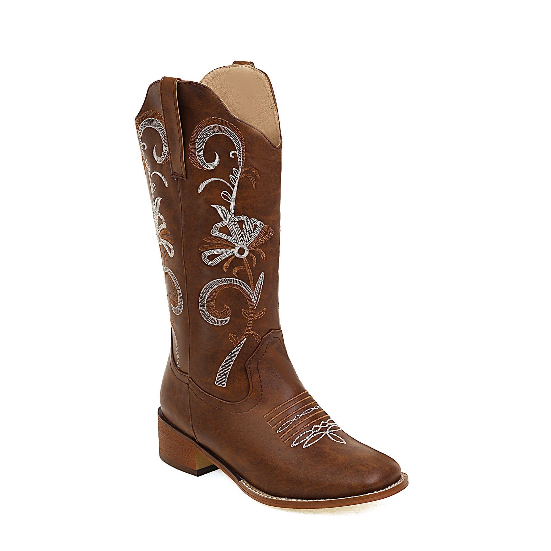 Women's Embroidered Mid-Calf Boots with Chunky Heel