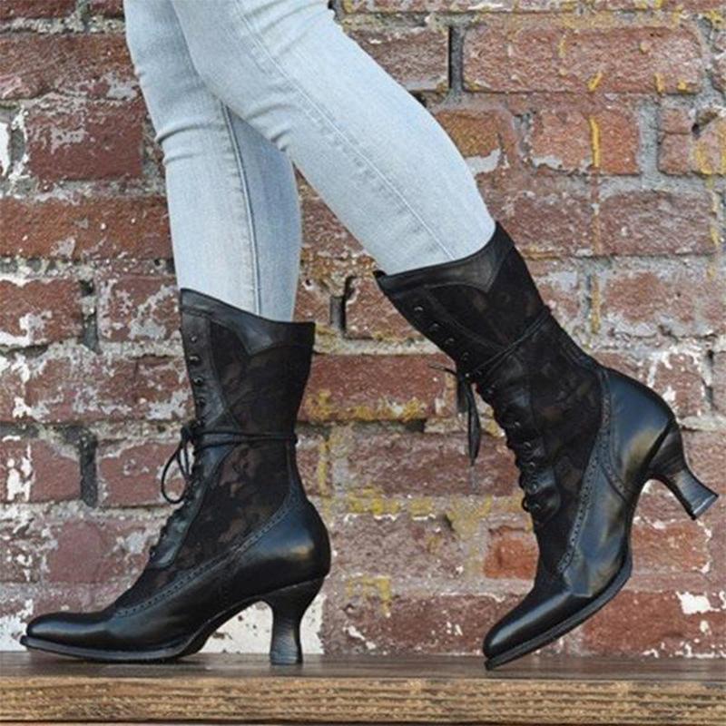 Stylish Women's Mid Calf Lace-Up Chunky Heel Boots