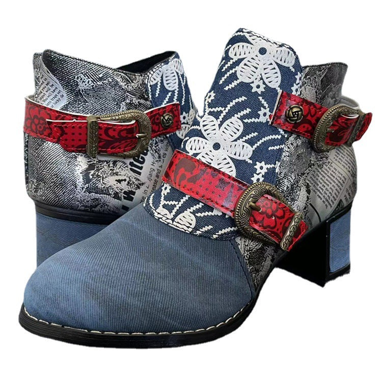 Ethnic Style Women's Ankle Boots with Flower Print and Chunky Heel