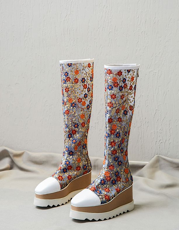 Wellezo Horpo Women's Flower Print Chunky Mesh Knee-High Boots