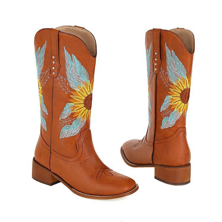 Stylish Women's Embroidered Mid-Calf Boots with Chunky Heel