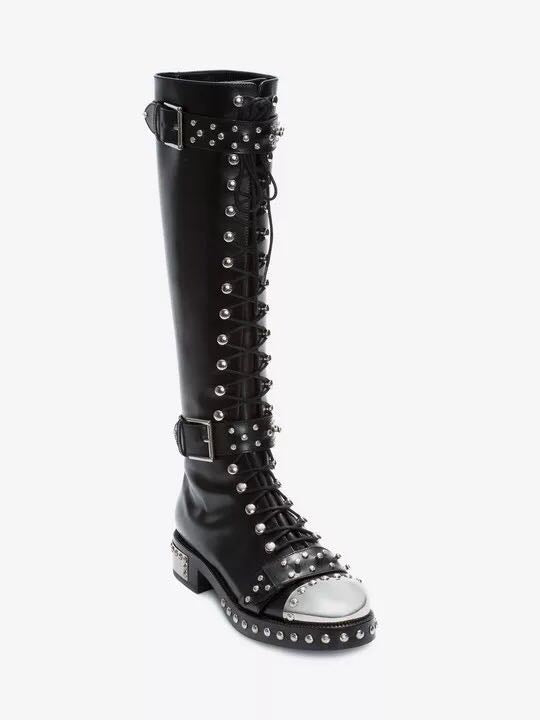 Addiex Schnoor Black Flower Print Leather Punk Boots with Hardware