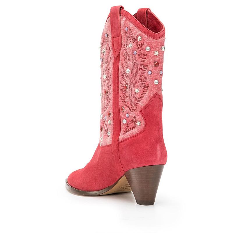 Women's Embellished Mid-Calf Cowboy Boots with Chunky Heel