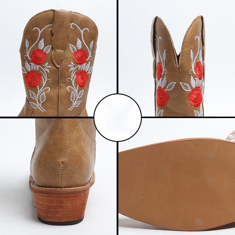 Stylish Women's Embroidered Mid Calf Boots with Chunky Heel