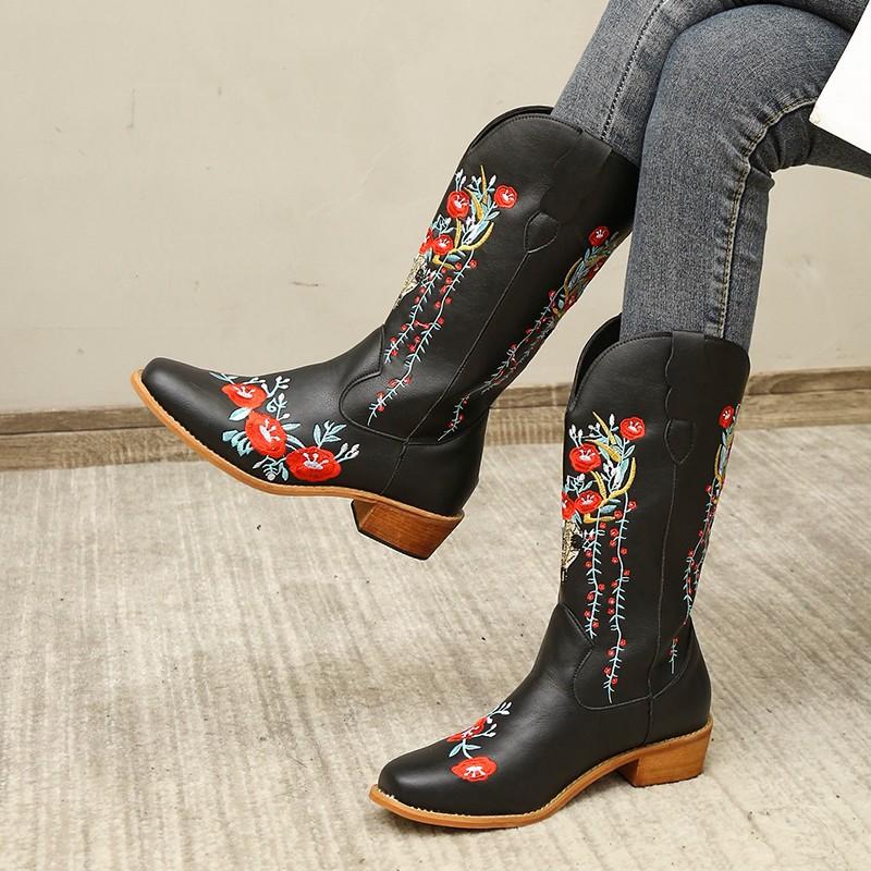 Women's Embroidered Cowboy Boots with Chunky Heel
