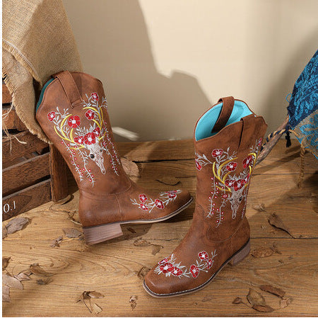 Elegant Women's Embroidered Mid Calf Boots with Chunky Heel