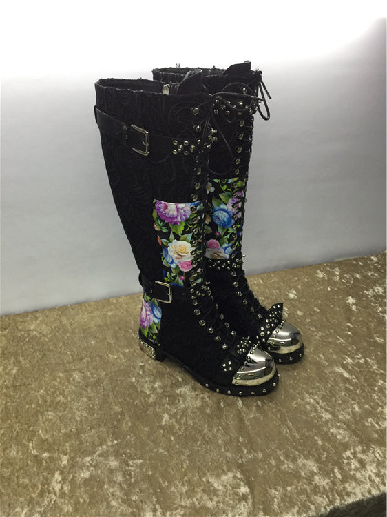 Addiex Schnoor Black Flower Print Leather Punk Boots with Hardware