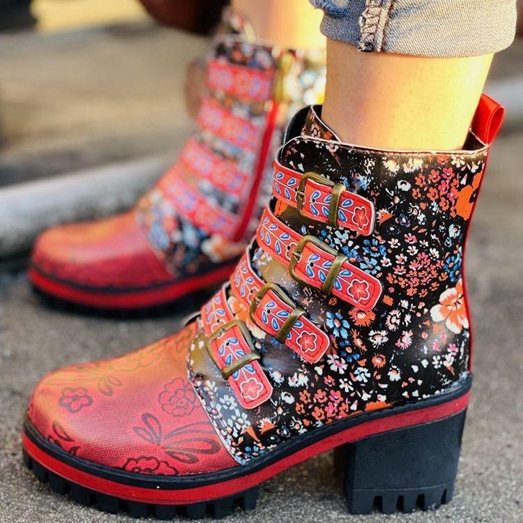 Stylish Women's Red Floral Printed Chunky Heel Boots