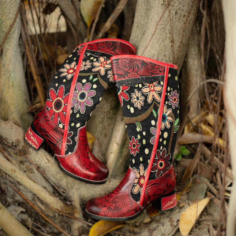 Women's Embroidered Chunky Heel Knee-High Boots