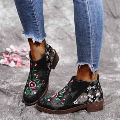 Stylish Women's Embroidered Block Heel Ankle Boots