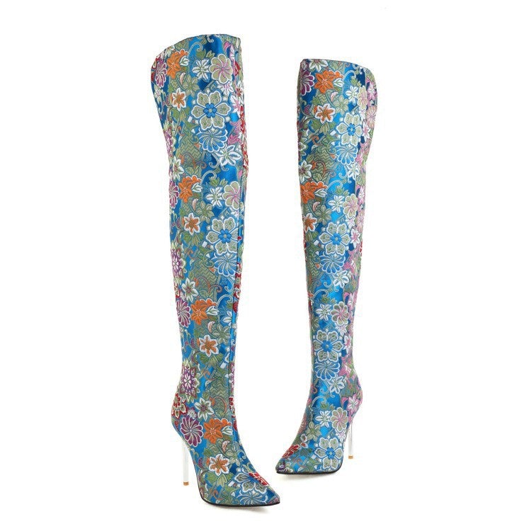 Stylish Women's Embroidered Over-the-Knee Stiletto Boots