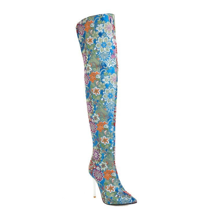Stylish Women's Embroidered Over-the-Knee Stiletto Boots