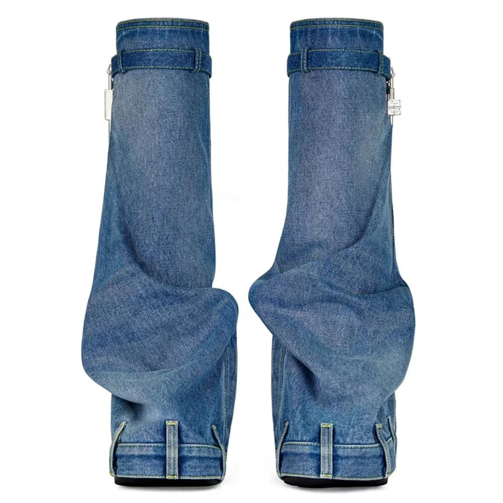 Stylish Women's Winter Denim Boots with Shark Lock and Side Zipper