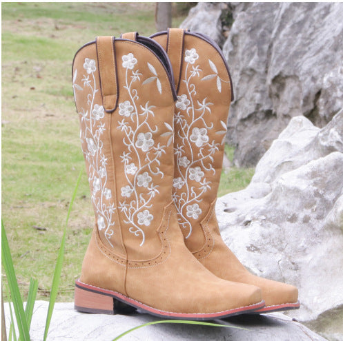 Elegant Women's Embroidered Chunky Heel Knee High Boots