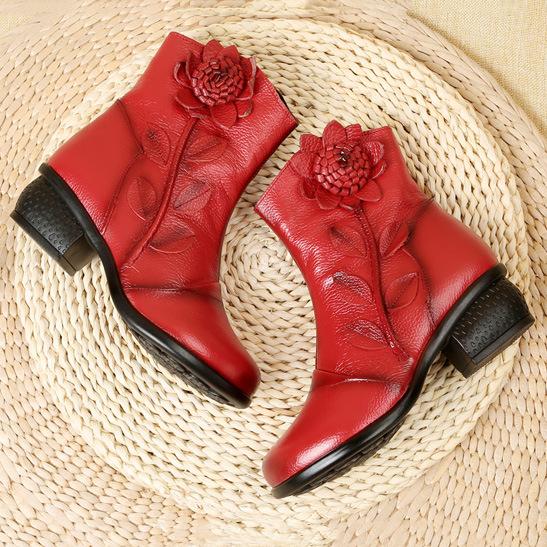 Women's Trendy Block Heel Ankle Boots with Flower Decor