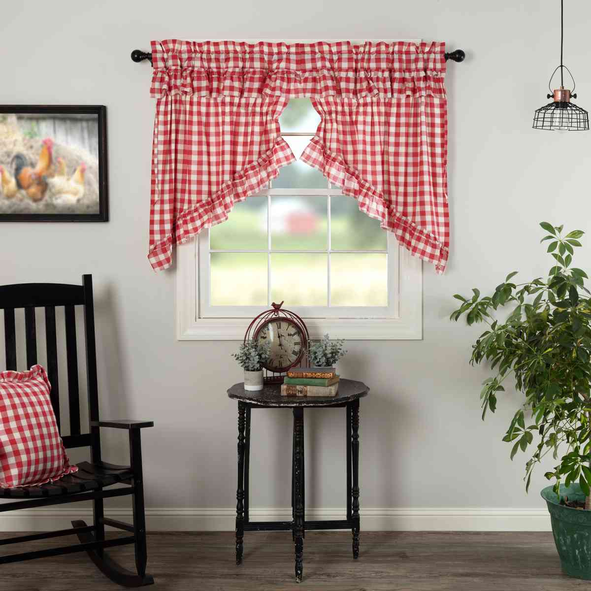 Cherry Ann Red Buffalo Check Ruffled Prairie Swag Curtains Set