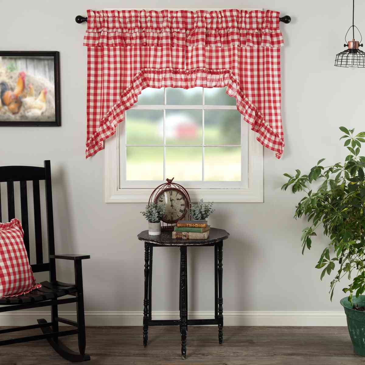 Rustic Charm Cherry Ann Red Buffalo Check Ruffled Swag Curtains