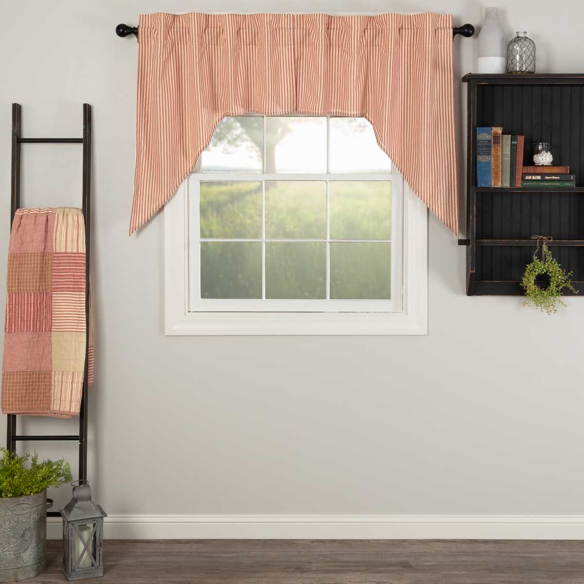 Farmhouse Style Red and Tan Ticking Stripe Swag Curtains Set