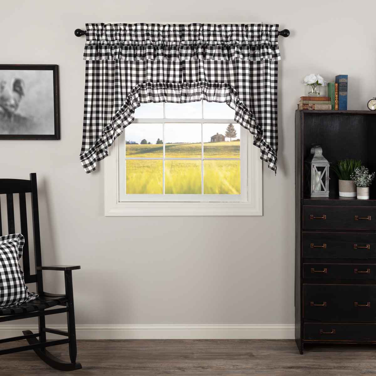 Elegant Farmhouse Style Buffalo Check Ruffled Swag Curtains