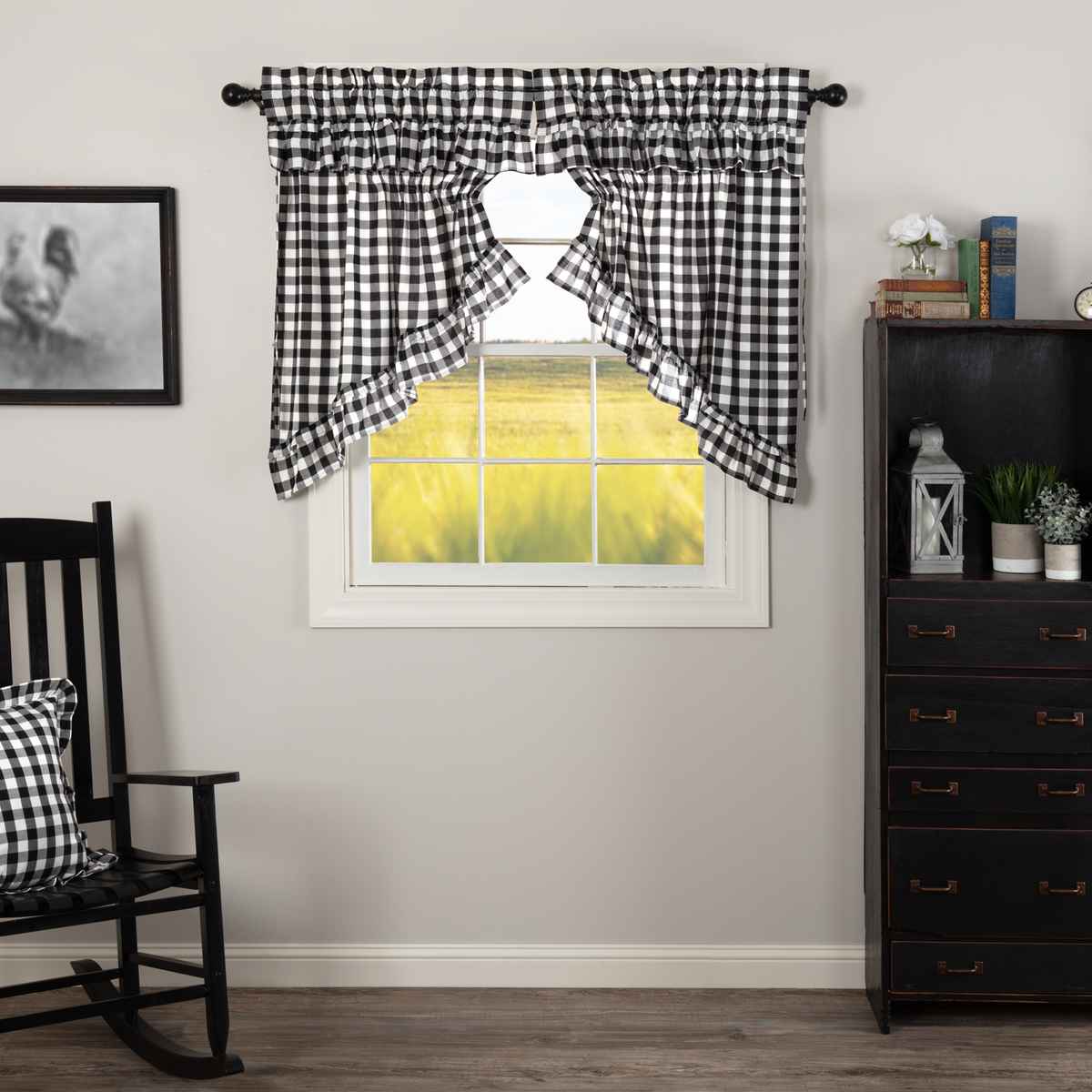 Elegant Black and White Buffalo Check Ruffled Swag Curtains