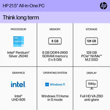 HP 22" All-In-One Desktop Computer with Pentium Silver, 3.2GHz, 8GB RAM, 128GB SSD, Windows 11