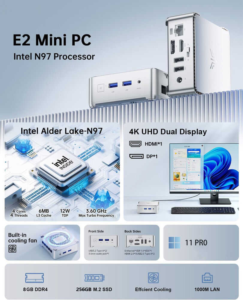 ACE 4K UHD Mini PC with Intel N97, 8GB RAM, 256GB SSD