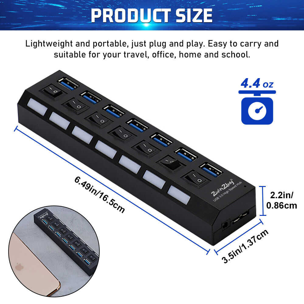 7-Port USB 3.0 Hub with Individual On/Off Switches and AC Adapter