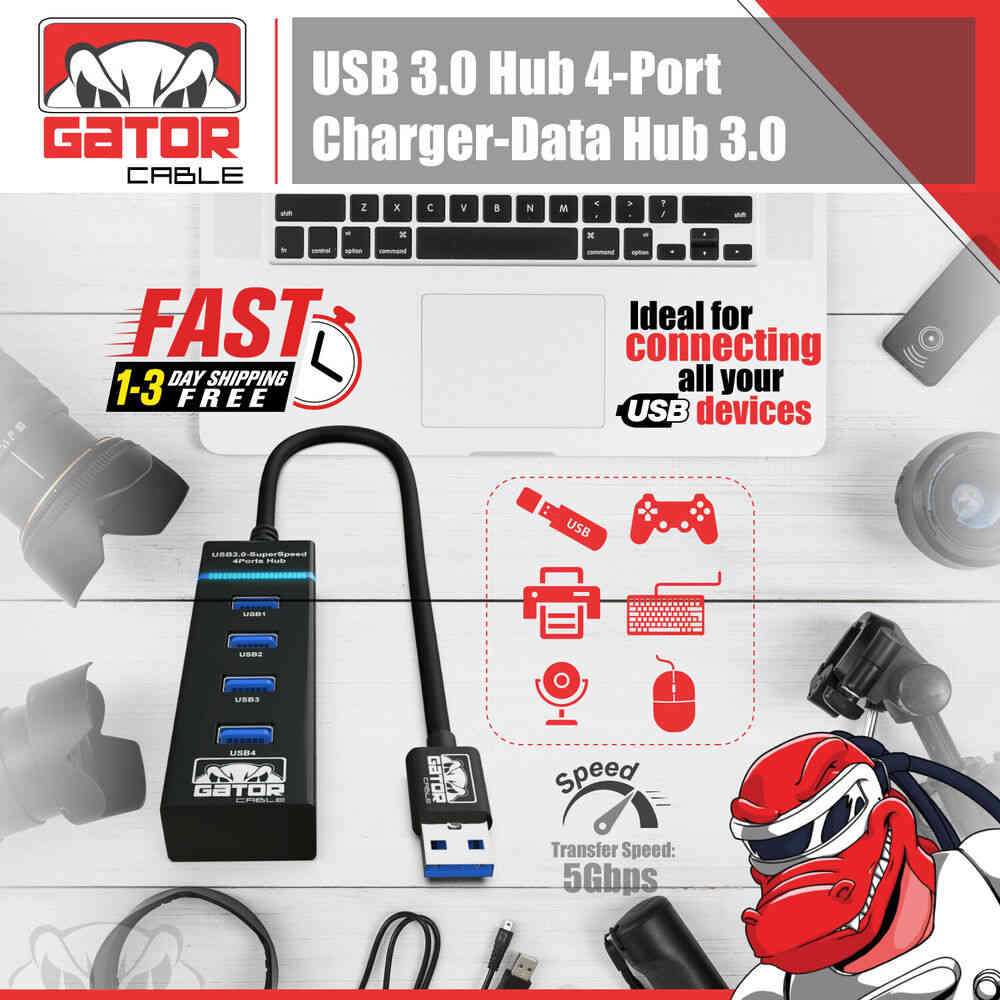 4-Port USB 3.0 Hub with LED Indicator - High-Speed Data Transfer and Charging