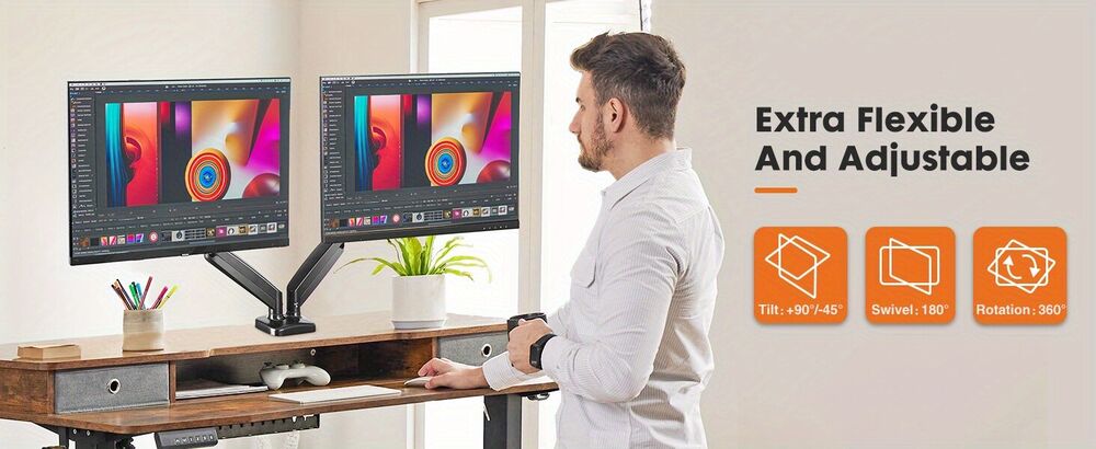 Adjustable Dual Monitor Stand with Swivel VESA Bracket and C Clamp