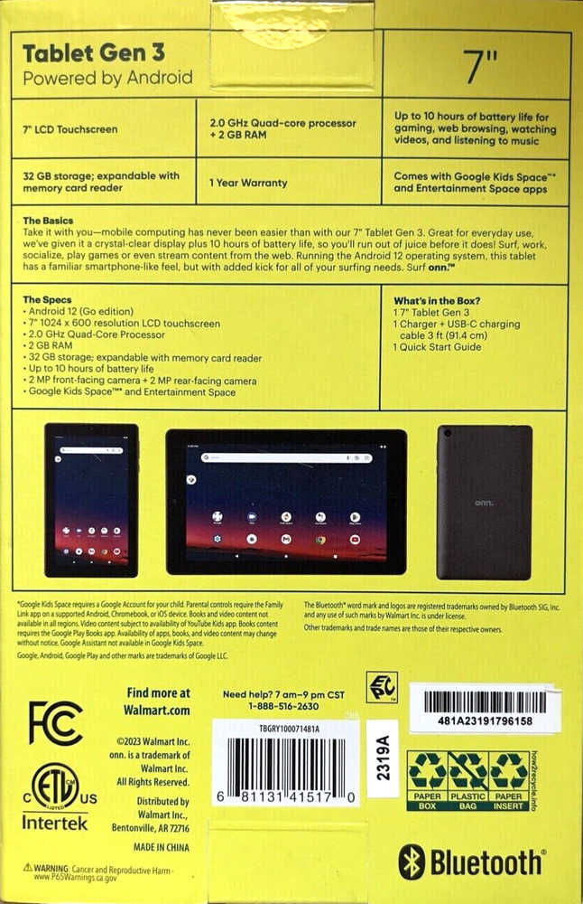 ONN Surf 7 Tablet Gen 3 (2022) - 32GB Storage, Quad-Core Processor, 2MP Camera