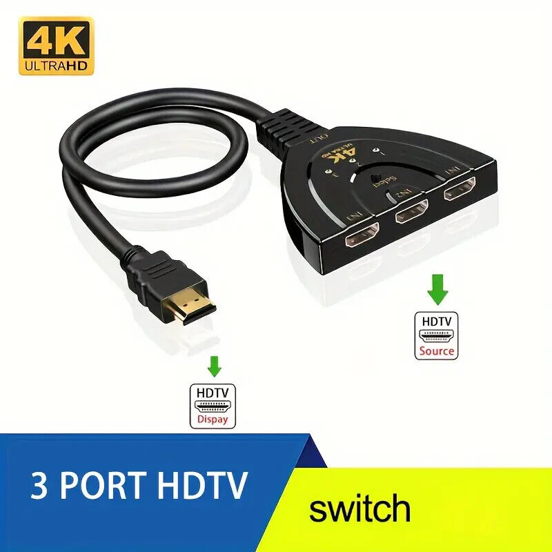 4K HDMI 3-Port Switcher Cable Hub Adapter for Gaming Consoles and HDTV