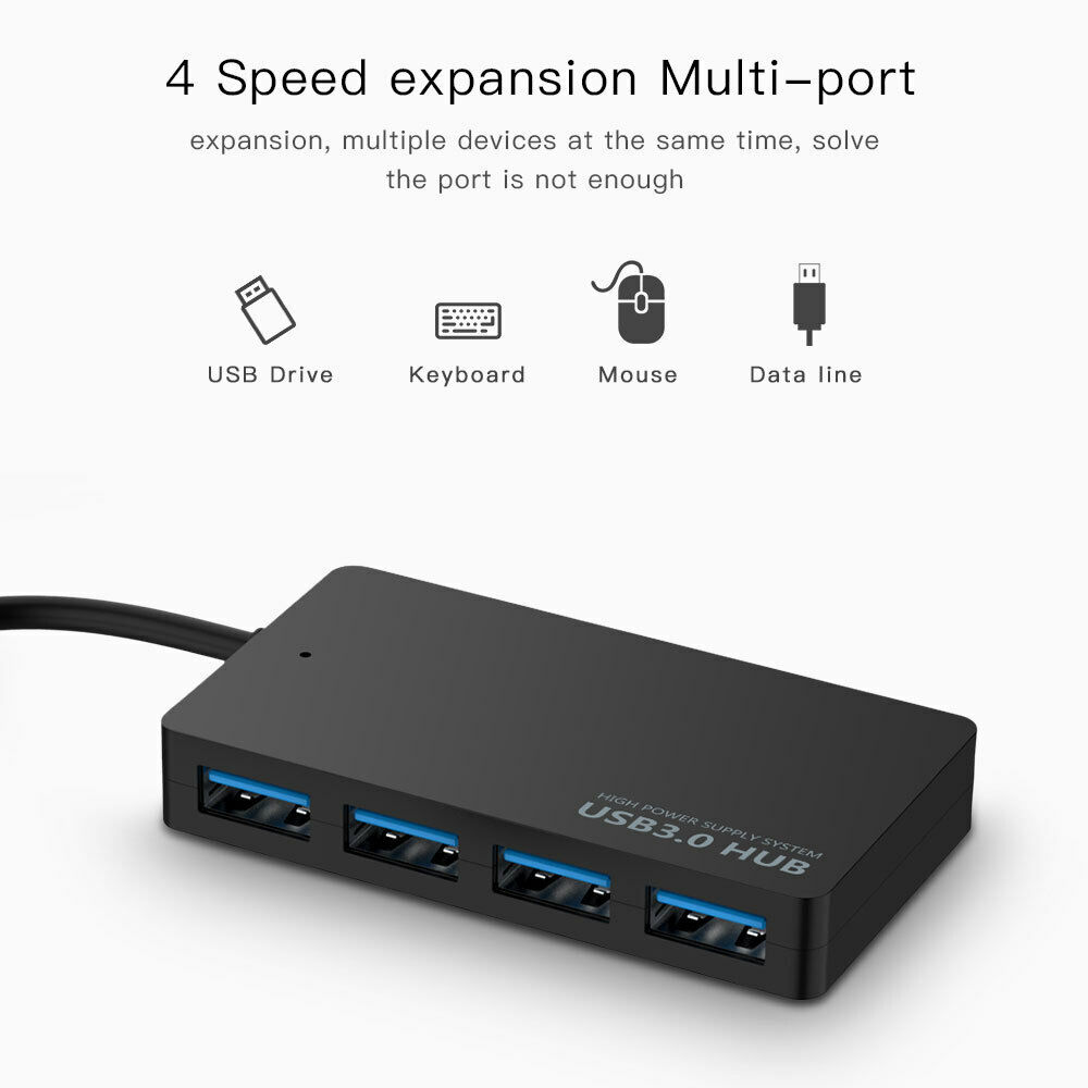 4 Port USB 3.0 Hub with Power Adapter for Enhanced Connectivity