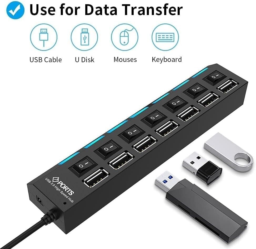 7 Port USB 2.0 Hub with LED Indicator - High-Speed Data Transfer for Multiple Devices