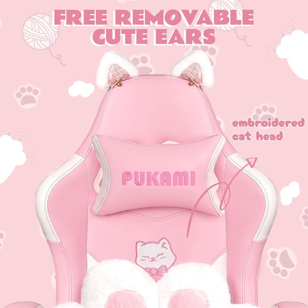 VITESSE Pink Gaming Chair with Cat Paw Cushion and Ears