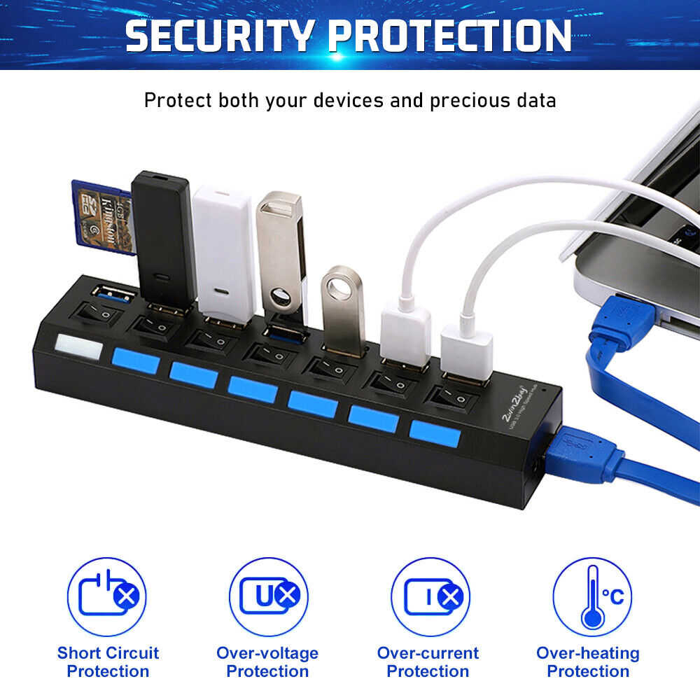 7-Port USB 3.0 Hub with Individual On/Off Switches and AC Adapter