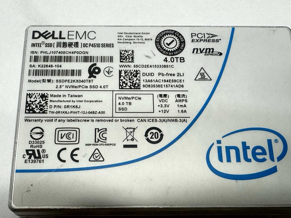 Dell Intel DC P4510 4TB 2.5 NVMe U.2 SSD Solid State Drive
