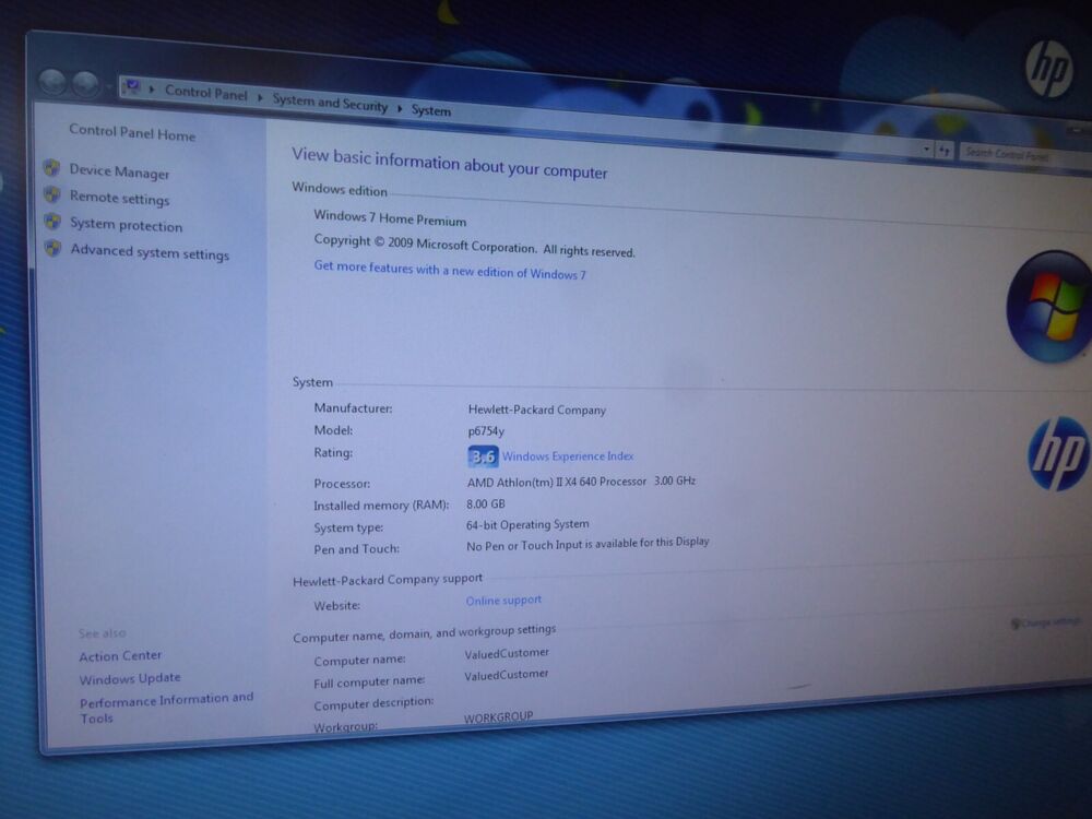 HP Pavilion P6754Y PC Tower - AMD Athlon II X4 640 3.0GHz, 8GB RAM, 1TB HDD, Windows 7 Home