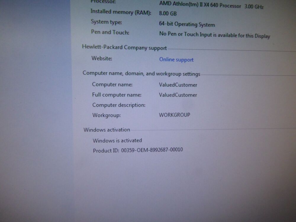 HP Pavilion P6754Y PC Tower - AMD Athlon II X4 640 3.0GHz, 8GB RAM, 1TB HDD, Windows 7 Home