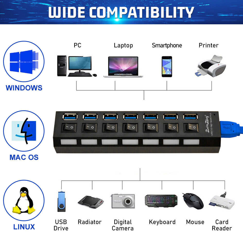 7-Port USB 3.0 Hub with Individual On/Off Switches and AC Adapter