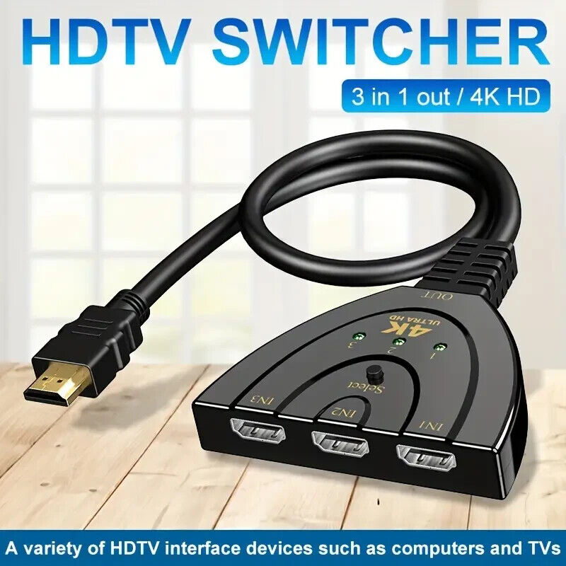 4K HDMI 3-Port Switcher Cable Hub Adapter for Gaming Consoles and HDTV