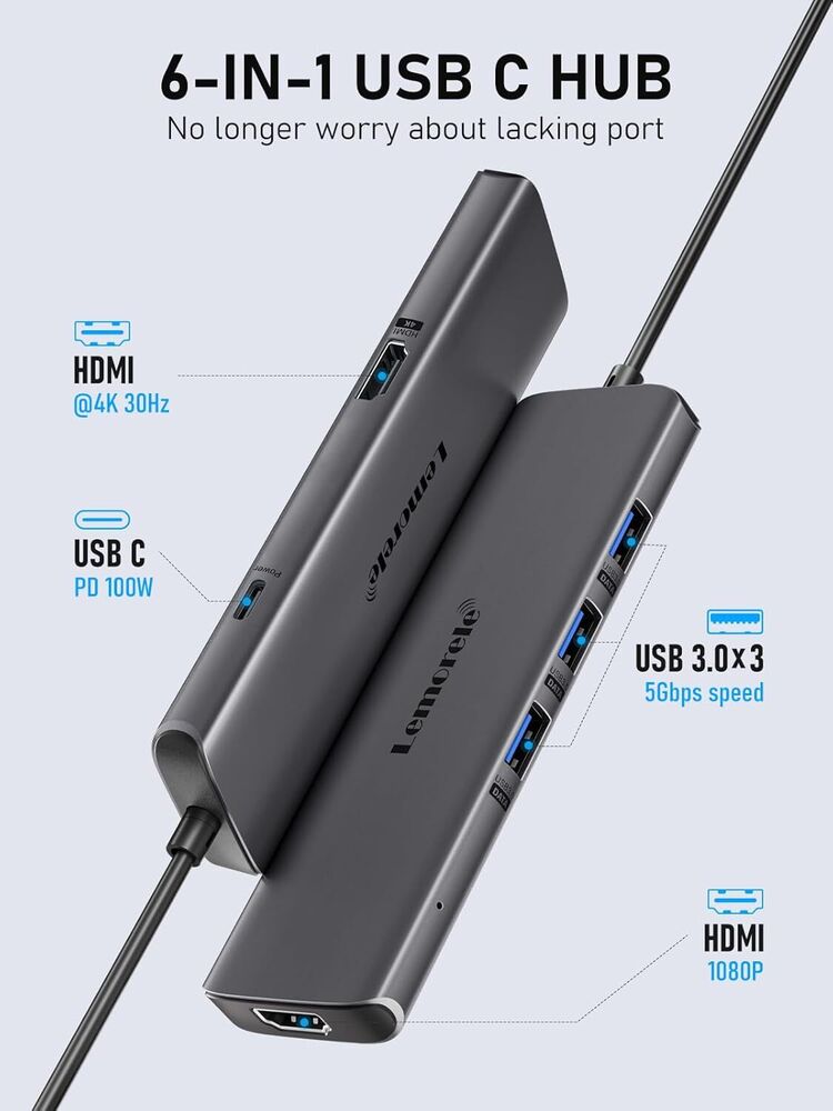 6-in-1 USB-C Hub Adapter with USB 3.0, 4K HDMI, and PD Charging for MacBook Pro/Air & iPhone