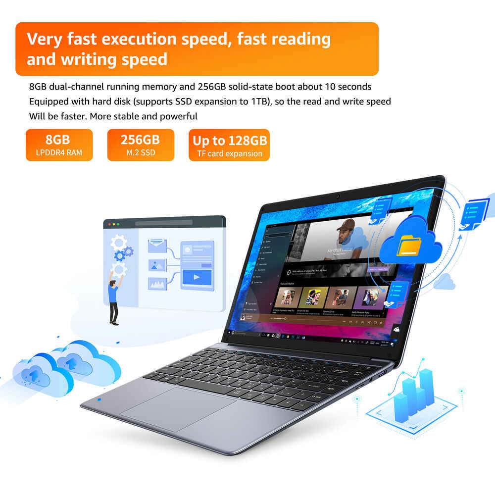 CHUWI 14.1" Laptop - Intel Celeron 2.8GHz, 8GB RAM, 256GB SSD, HDMI - Gray
