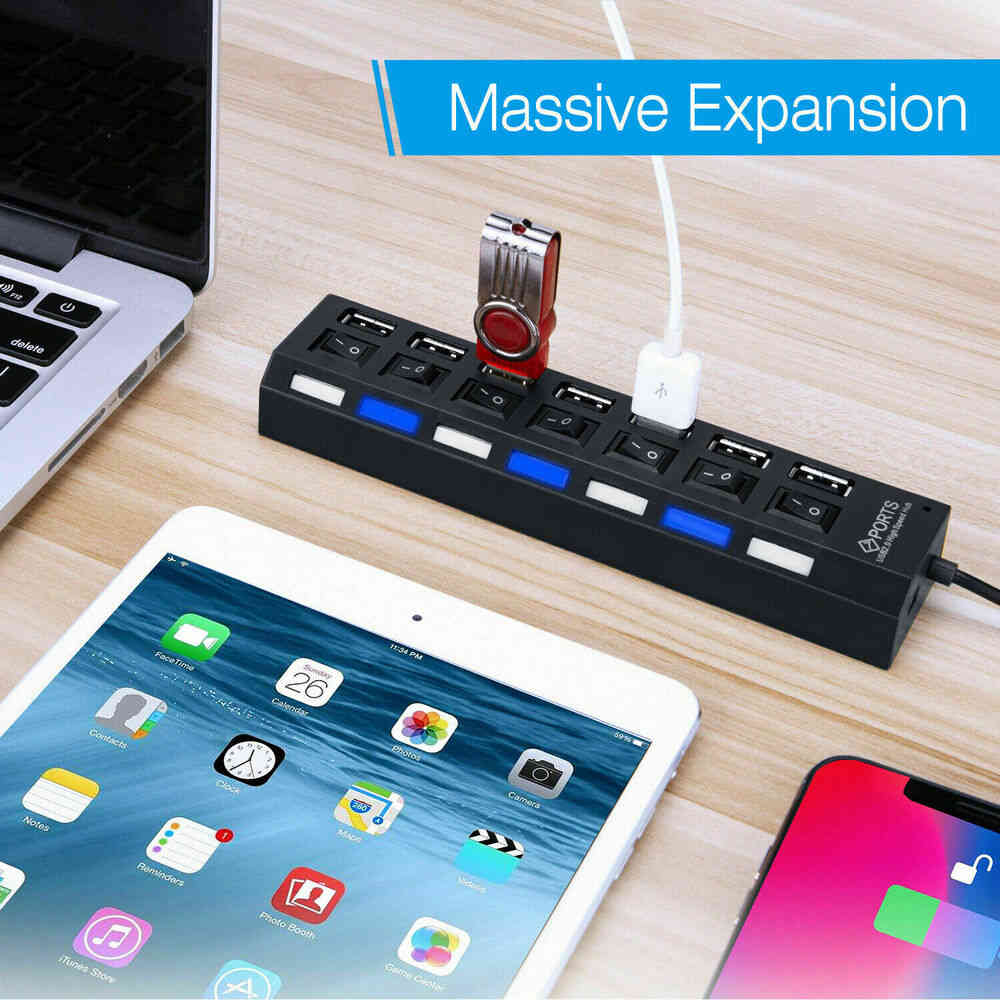 7-Port USB 2.0 LED Powered Hub - High-Speed Splitter Extender